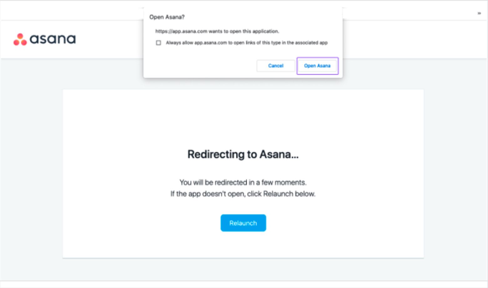 Asana Desktop App Ridrecting